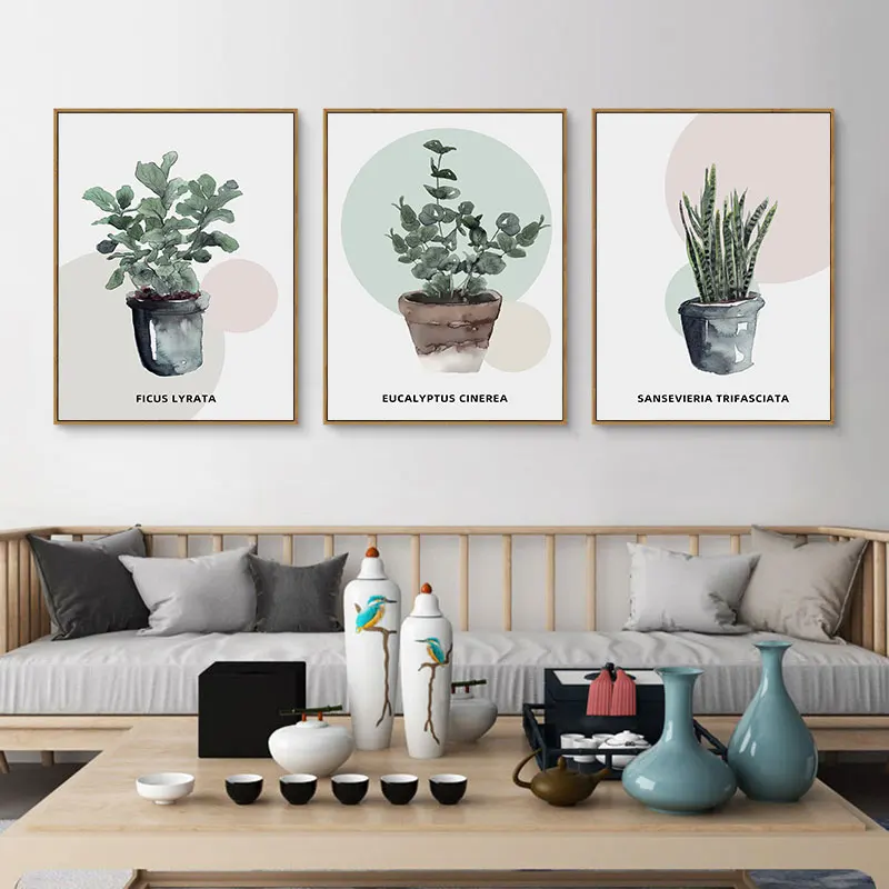 Modern Watercolor Green Leaves Canvas Art Poster Prints Botanical Potted Plant Wall Decor Pictures for Living Room Bedroom