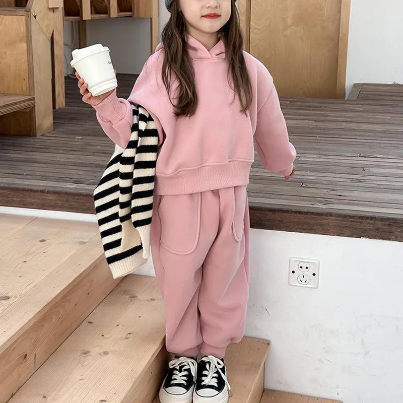 2025 Winter New Children Plus Velvet Thick Clothes Set Boys Girls Fleece Hooded Sweatshirt + Sweat Pants Suit Kids Warm Outfits