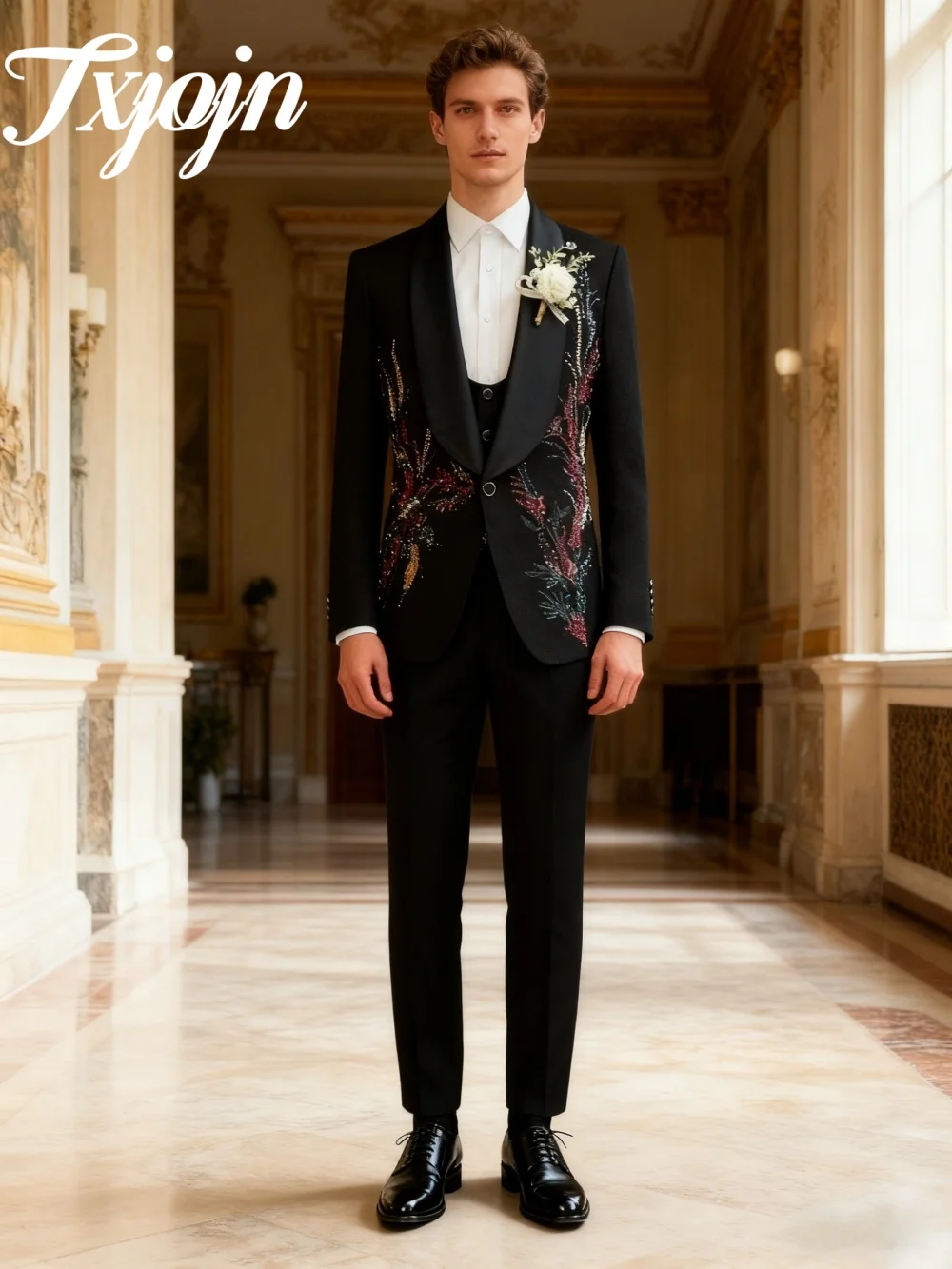 

Luxurious Appliqued Men's Suit Set 3PCS For Wedding Classic Crystal Groom Suit Party Suit Blazers Pants Exquisite Men's Suit