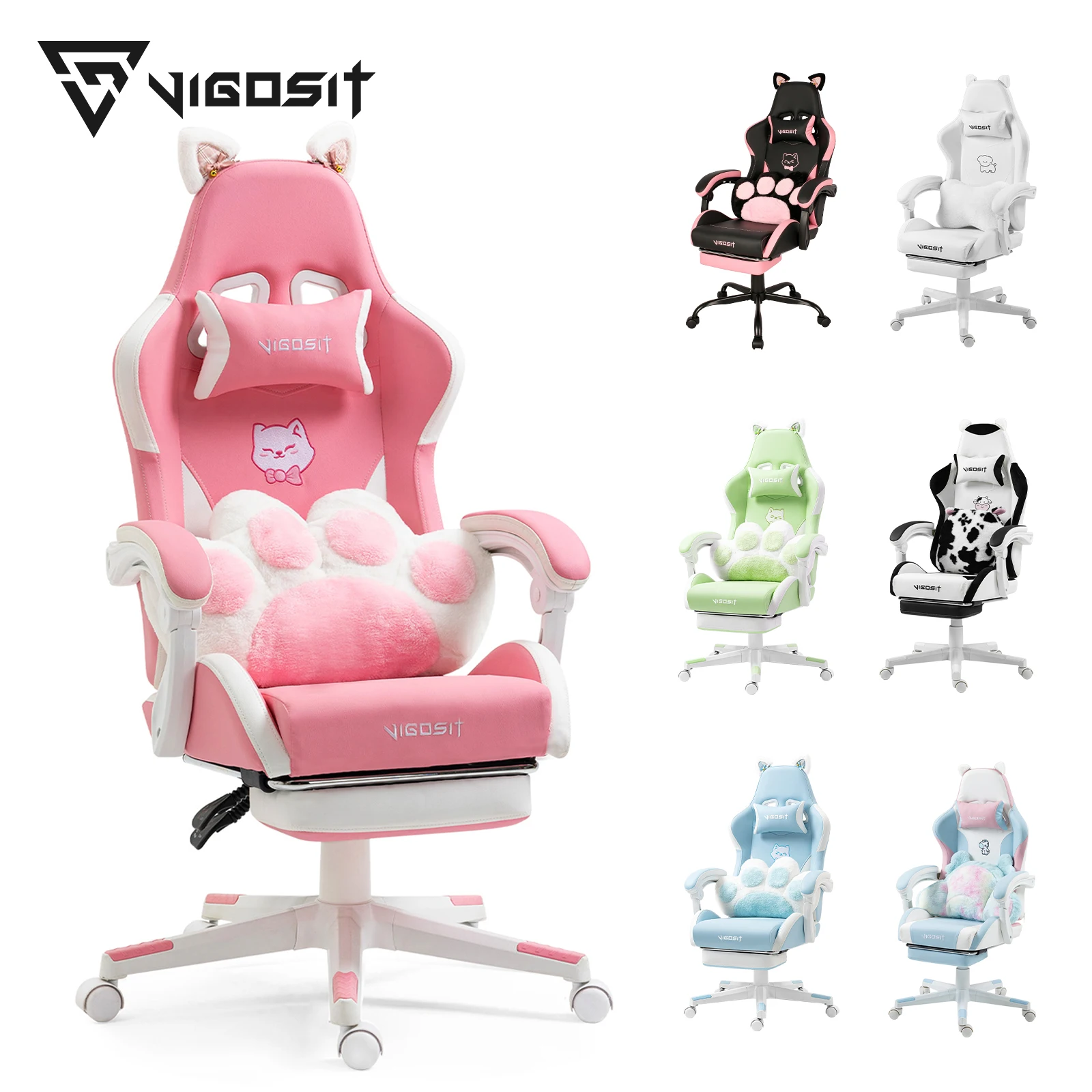 Chaise de gaming Vigosit avec oreilles mignonnes et coussin kawaii, chaise ergonomique pour jeux sur ordinateur pour filles avec soutien lombaire