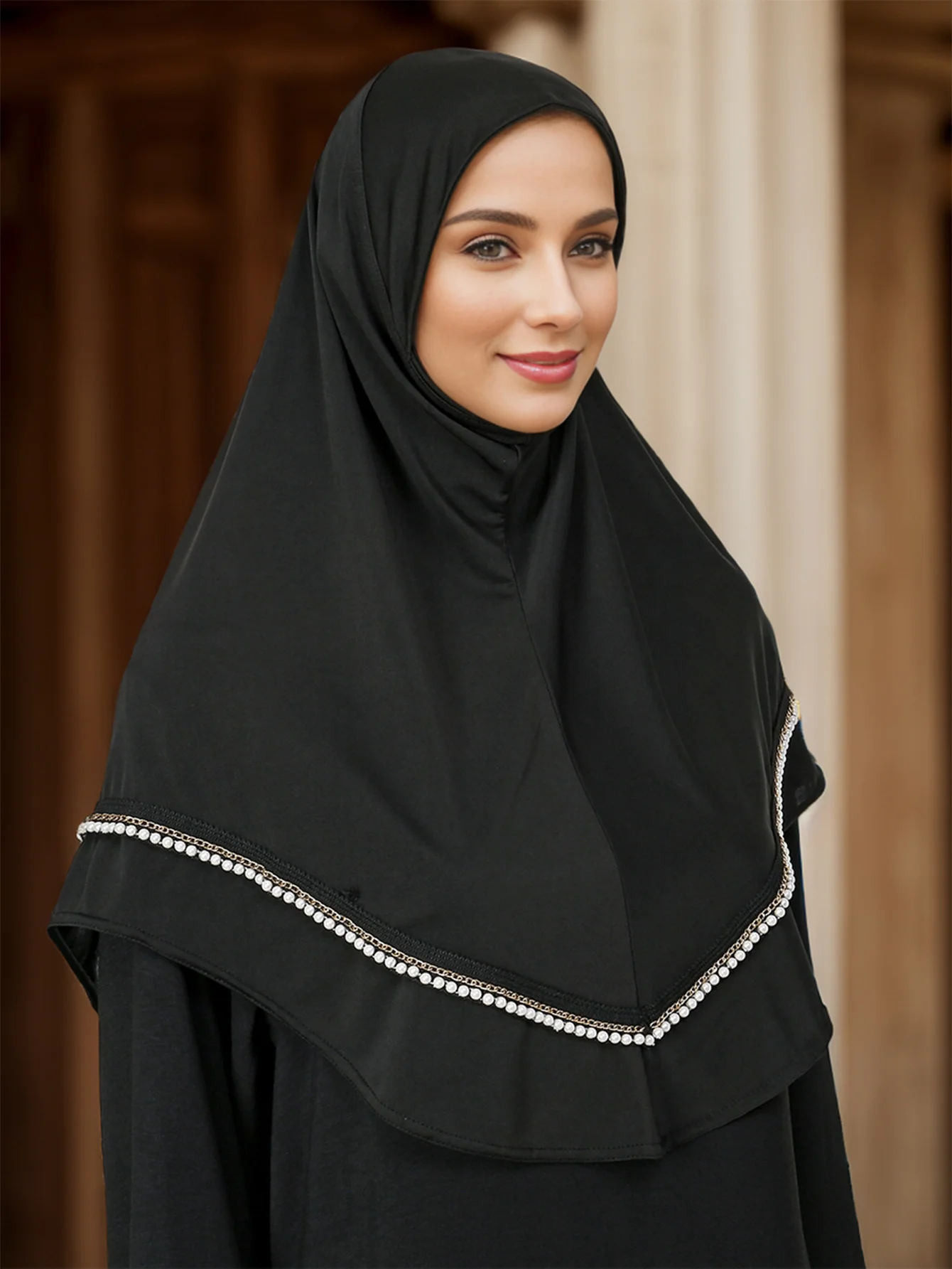 New Design Plain Hijabs for Muslim Women Bead String Pearl Chain Headscarf Breathable Cotton Hemp Turban Islam Female Abaya