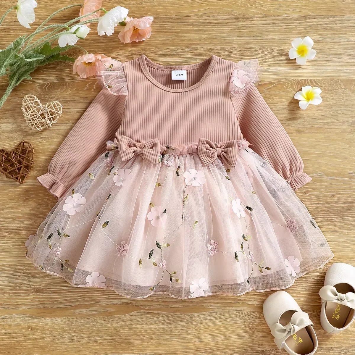Baby Girl Pink Ribbed Long-Sleeve Bowknot Floral Embroidered Mesh Dress  Perfect For Outings And Daily Wear - AliExpress 1501