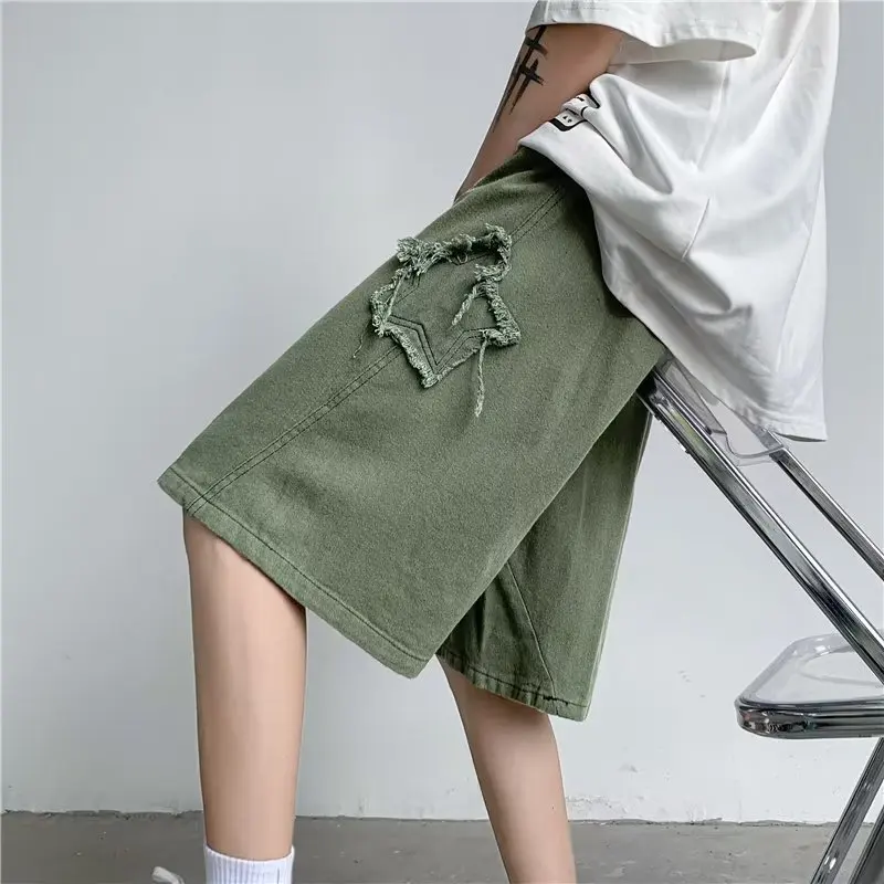 Star Patchwork Shorts for Men Vintage Denim Summer Loose Hip Hop Streetwear Oversize Men\'s Shorts Korean Fashion