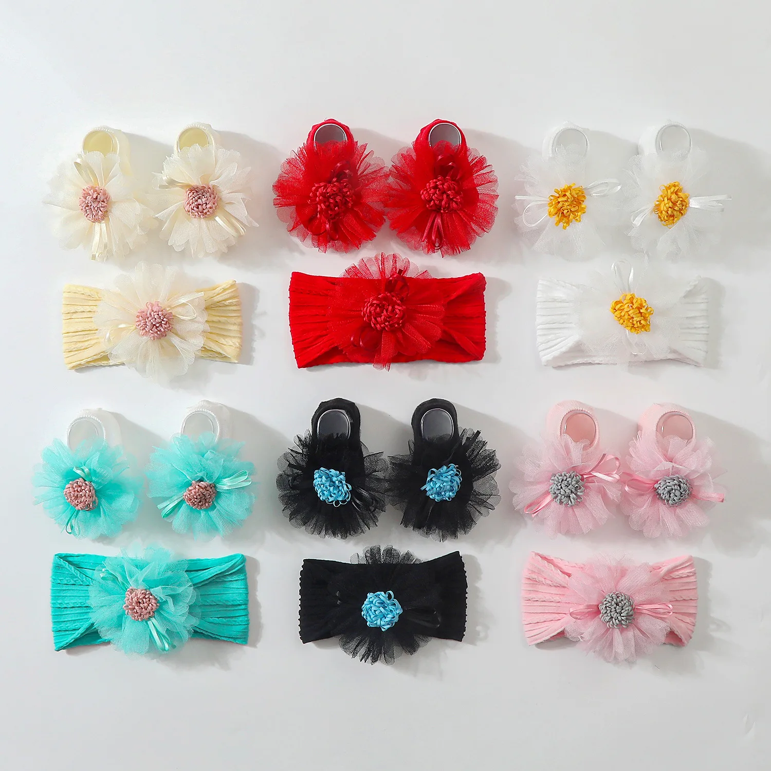 2 Pcs/Set Flower Baby Headband Socks Lace Newborn Infant Girl Socks Elasticity Nylon Hairband Set Kids Hair Accessories