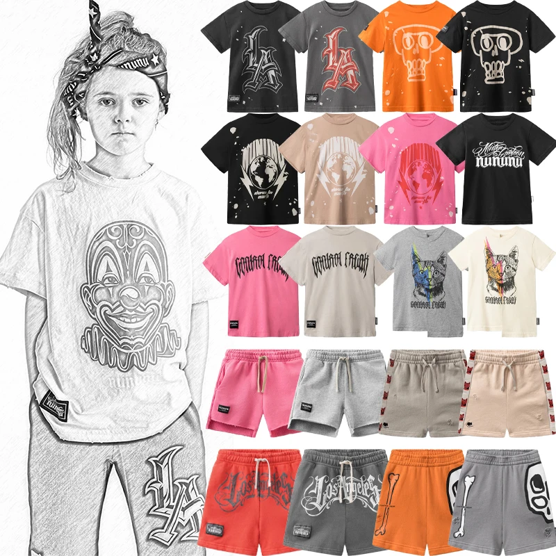 

2025 New Summer Children's T-shirt and Shorts Set Girl's Pink Printed T-shirt Boys' Solid Color Shorts Kids Set