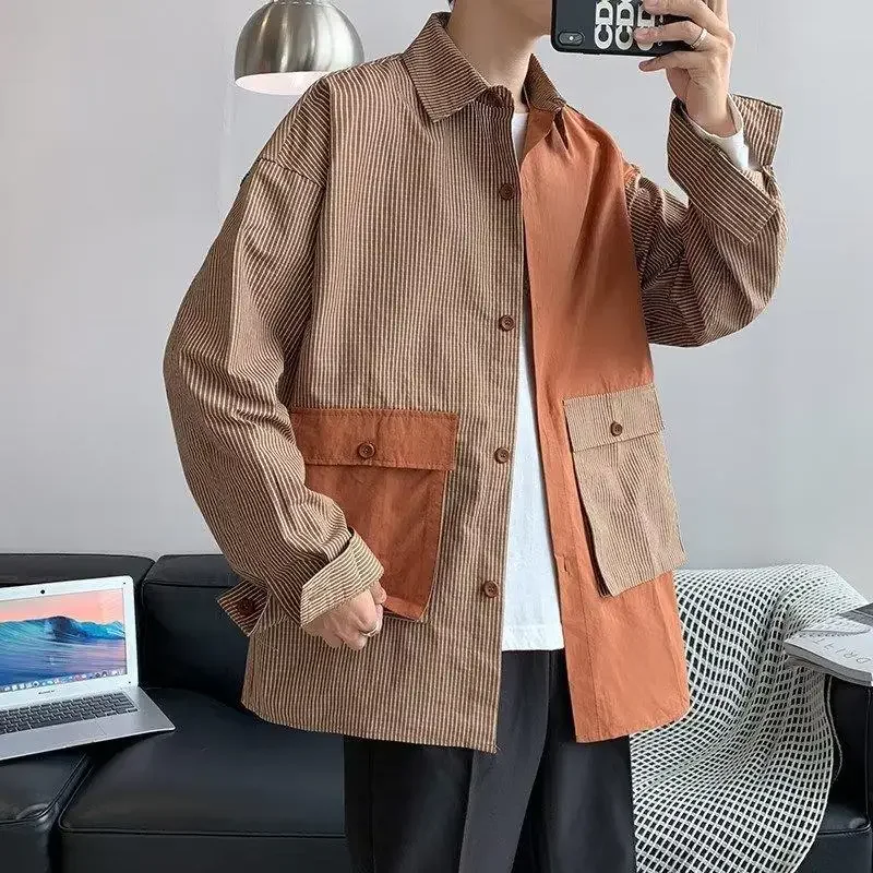 Asymmetric Shirts Men Handsome Safari Style Temperament Spring Autumn Patchwork Long Sleeve Large Pocket Ulzzang Hipster Daily