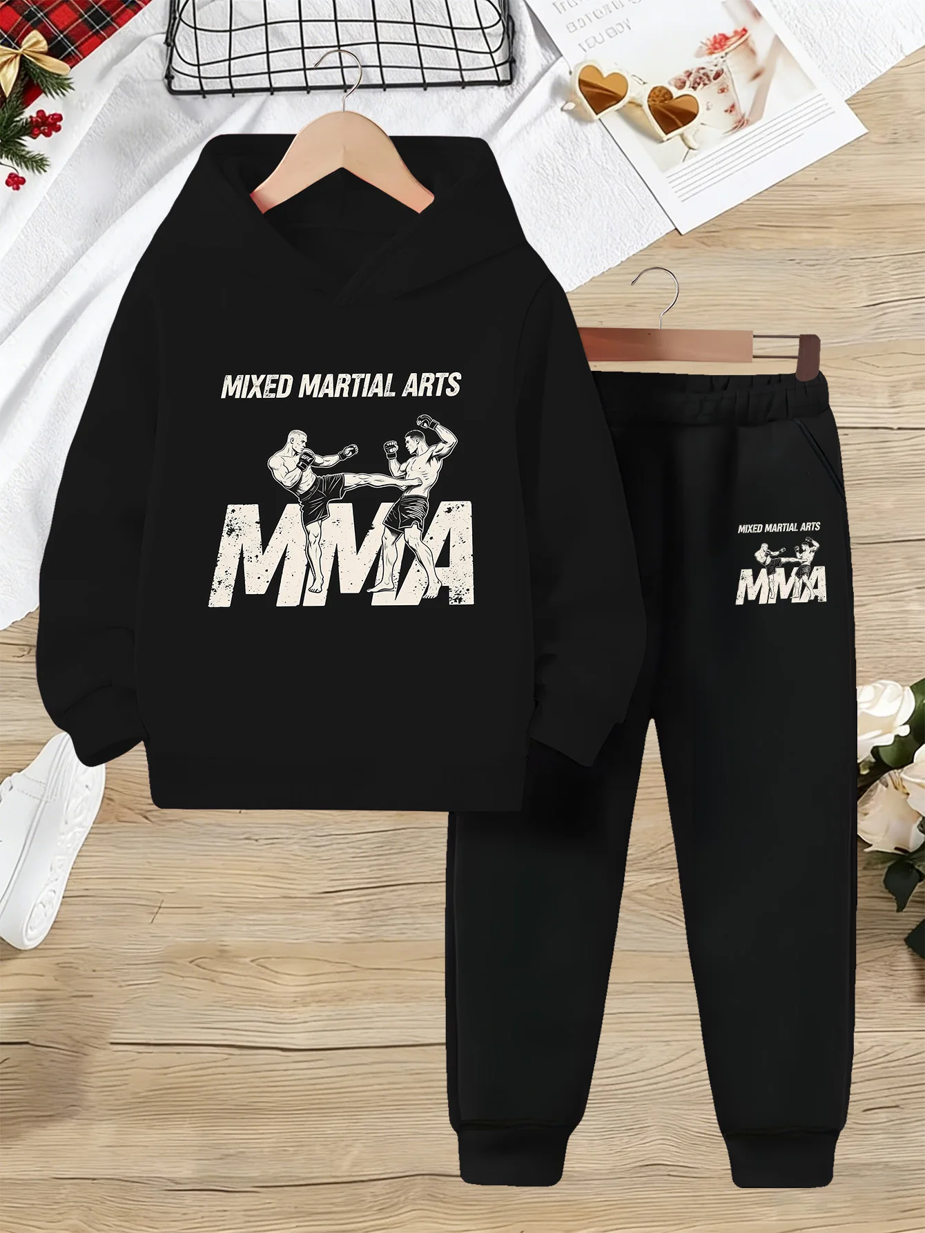 MMA Mixed Martial Arts Trend, 2pcs Boys' Casual Long-Sleeved Pullover, Hooded Sweatshirt for Autumn And Pants/Suitable for Wint