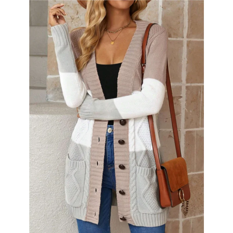 Amazon Cross-BordervCollar Women's Sweater Autumn and Winter Contrast Color Striped New Loose Knitted Coat Casual Cardigan