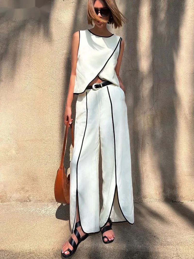 

Summer Loose White Cotton 2 Piece Sets Woman Outfit 2025 Fashion Sleeveless Tank Top With High Waist Slit Wide Pants Set HF7S