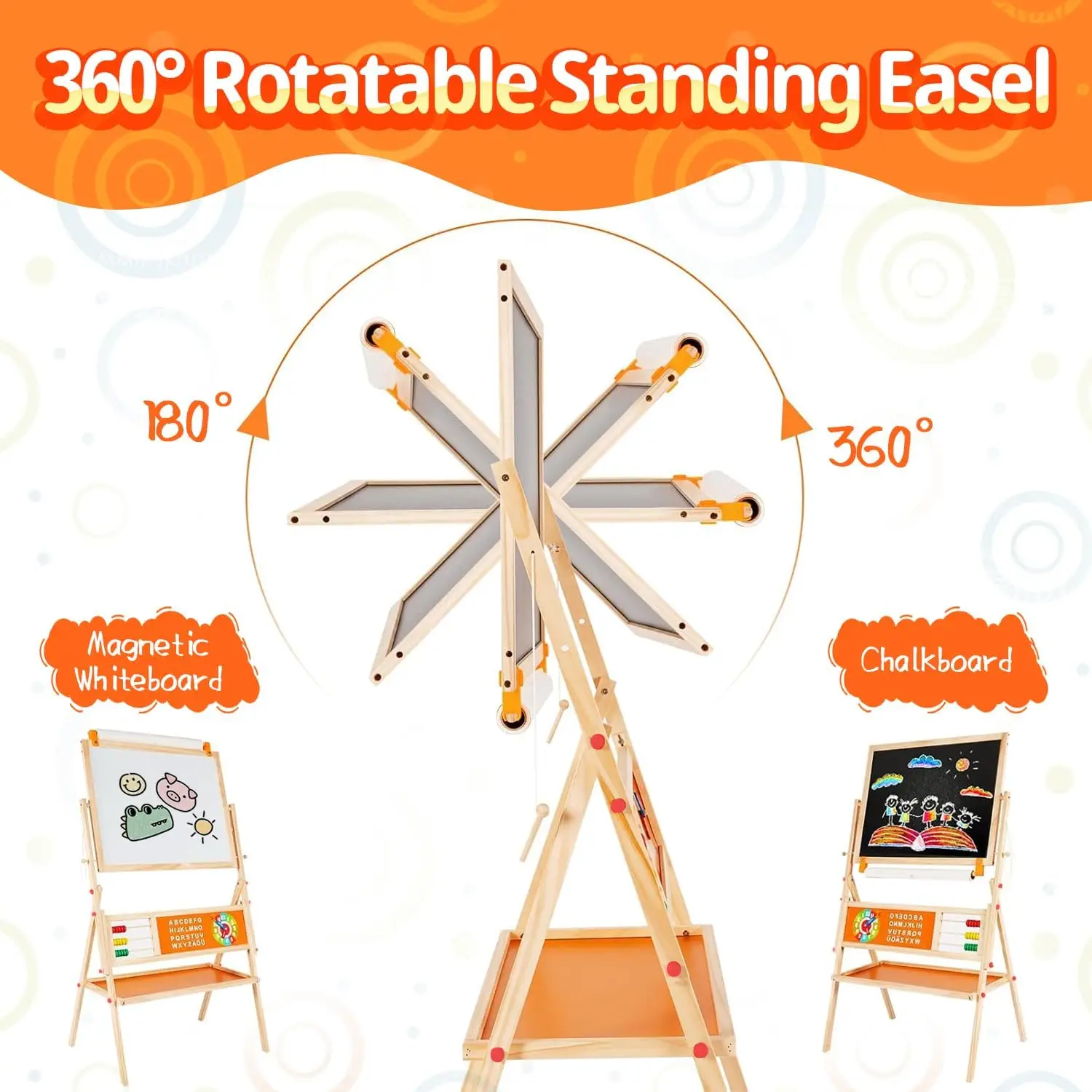 حامل خشبي 3 في 1 للأطفال، سبورة بيضاء مغناطيسية على الوجهين وسبورة طباشير، قابلة للدوران مع حامل لفائف الورق وصينية تخزين #3
