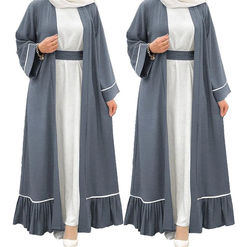 

2pcs Sets Open Abayas and Inner with Belt for Muslim Women Elegant Comfortable Fabric Summer Grey Long Dresses Dubai Islam Cloth