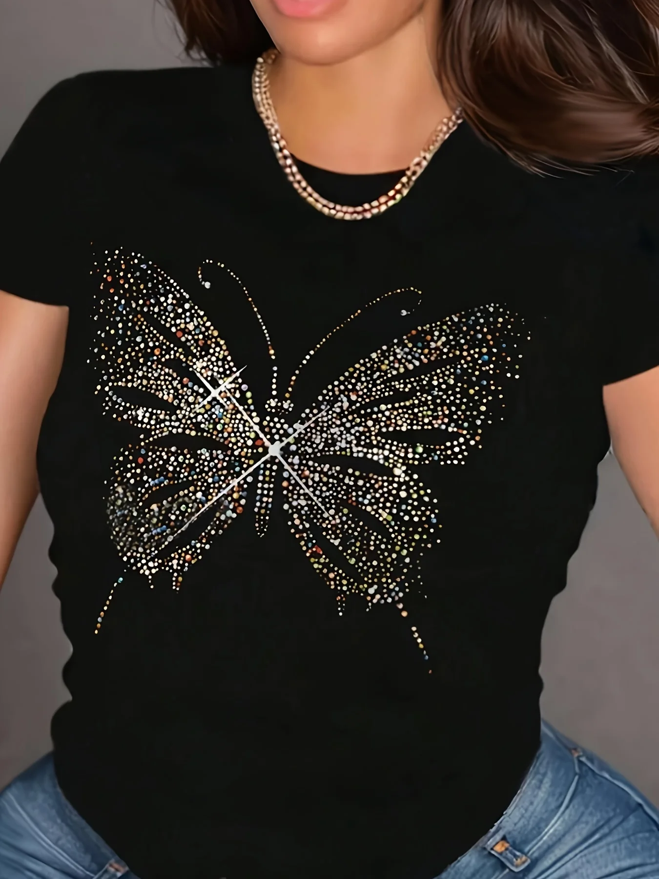Butterfly Print Crew Neck T-shirt, Short Sleeve Casual Top For Spring & Summer, Women's Clothing