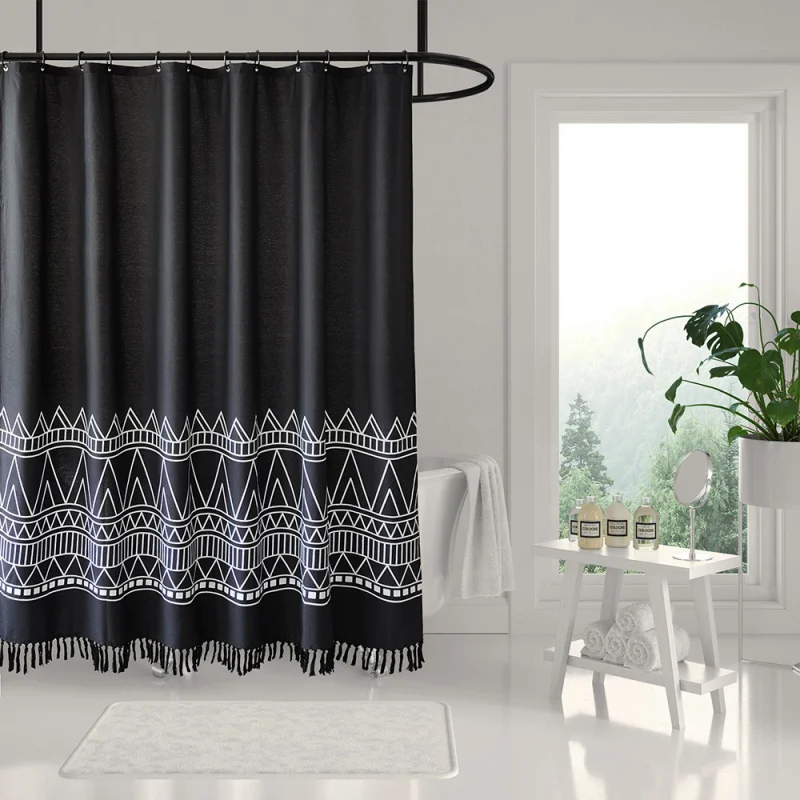 

Polyester Yarn-Dyed Tassel Shower Curtain Bohemian Shower Curtain Fabric Shower Curtain with Rings Direct Suppl