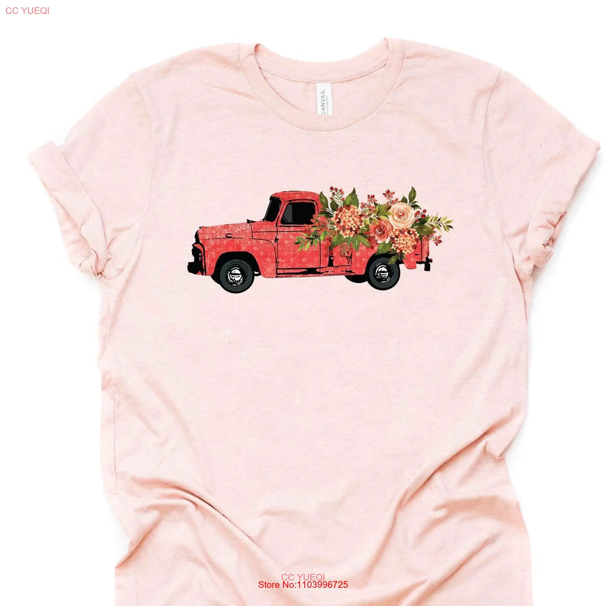 Spring Floral T Shirt Vintage Pink Truck with Retro Flowers Design on premium unisex 2 color choices 2X 3X 4X plus sizes