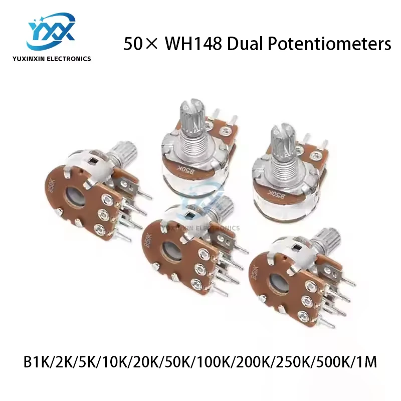 

50PCS WH148 B 1K/2K/5K/10K/20K/50K/100K/200K/250K/500K/1M Dual Potentiometer 6-Pin L15 Shaft Audio Amp Type