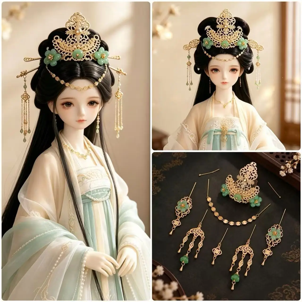 1/3 1/4 1/6 Tang Dynasty Style BJD Doll Jewellery Luxury Jade Headbands/Hairpins/Head Chains For Supermodel Doll DIY Dress Up