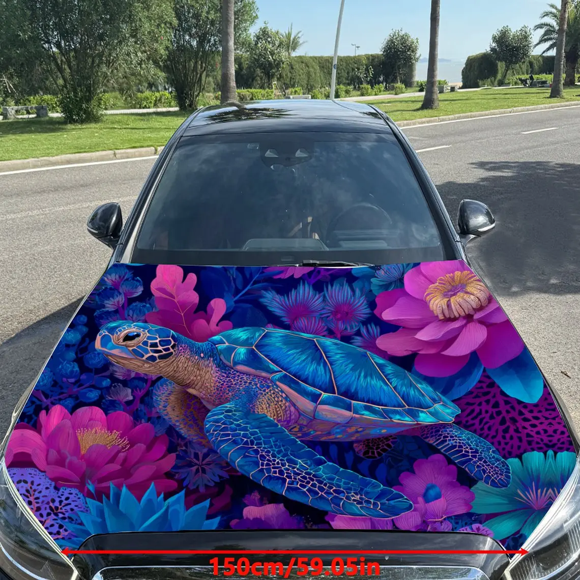 Ocean - Style Blue Sea Turtle and Flowers Car Vinyl Wrap, PVC Material Waterproof Car Hood Sticker, Self-Adhesive Scratch-Resist