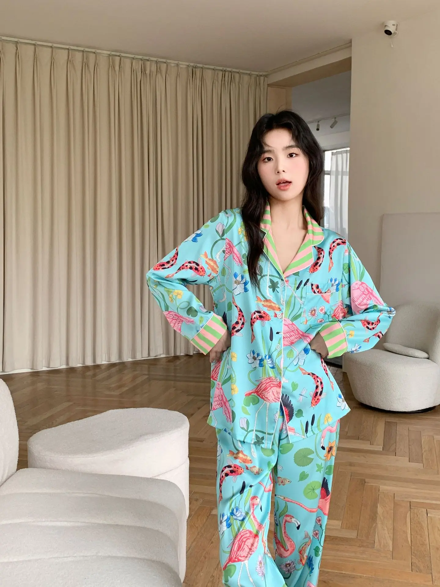 Satin Women Pajamas Silk Printing Lapel Button Shirt With Trousers Pajama Set Pyjama Sleepwear Pijama Loungewear Soft Nightwear