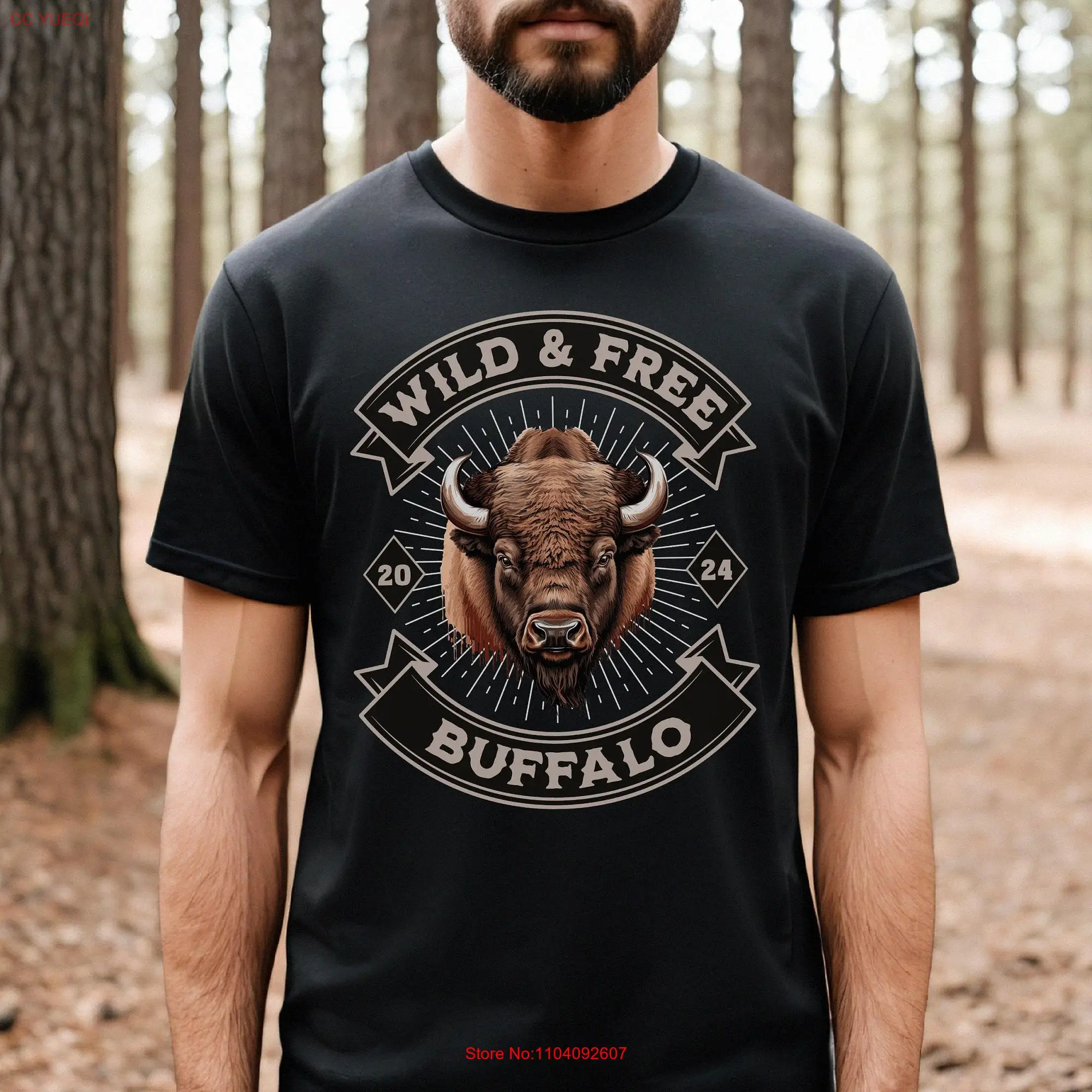 2024 Wild and Free buffalo T Shirt Realistic Bison head with starburst backdrop gift Yellowstone National Park Souvenir