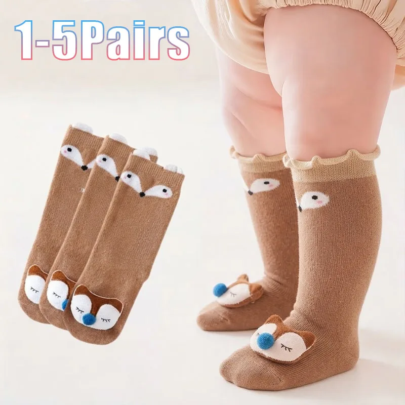 1-5Pairs Kids Socks Non Skid Knee High Soft Breathable Cotton for Baby Toddler Children Autumn Winter School Home Wear