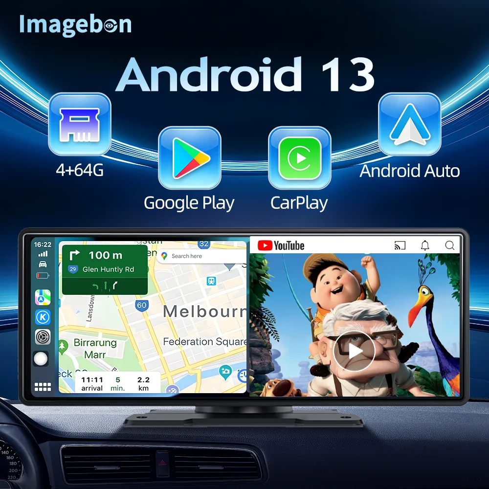 Imagebon 10,26" Android 13 WiFi Rückspiegelkamera 4+64G Kabelloses CarPlay & Android Auto Smart Car Display mit U-Disk Google Play GPS-Navigation DVR