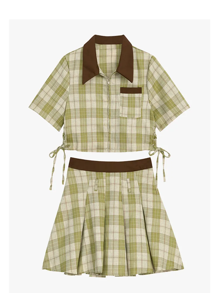 

2000s Aesthetics Classical Gyaru Outfits 2 Piece Skirt Set Plaid Polo-Neck Blouses + Green Pleated Skirt Skirts Japanese Fashion