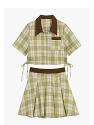 2000s Aesthetics Classical Gyaru Outfits 2 Piece Skirt Set Plaid Polo-Neck Blouses + Green Pleated Skirt Skirts Japanese Fashion