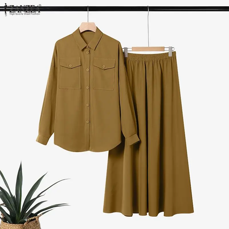 Femmes 2026 printemps correspondant ensembles ZANZEA automne tenues à manches longues chemise robe costume élégant travail 2 pièces ensembles solide OL survêtement