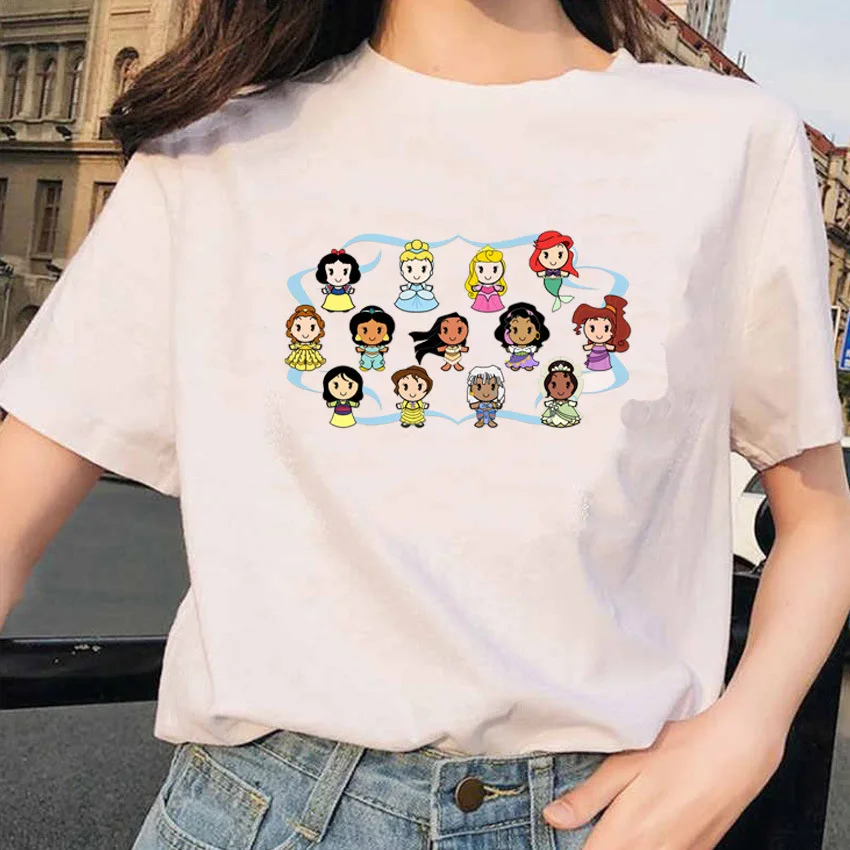 T-shirt graphique Disney Princess Cartoon pour hommes et femmes, chemisier d'été, manches courtes, blanc, col rond, haut, t-shir