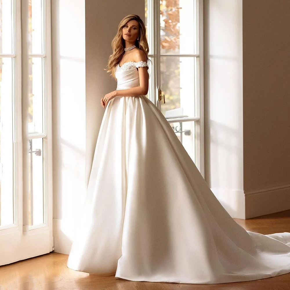 Msikoods Vintage Satin Weddding Dresses Off Shoulder A-Line Backless Bridal Gowns Appliques Elegant Princess Bride Dress