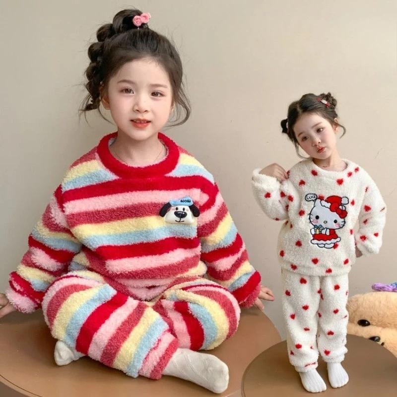

Kawaii Hello Kitty Sanrio Children Cute Cartoon Comfortable Warm Pajamas Student Fleece Hoodie Trousers Sportswear Gift for Kids