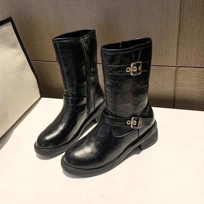 Модные ботинки средней длины, осенние новые туфли с круглым носком и боковой молнией с металлической пряжкой на платформе, нескользящие износостойкие туфли на блочном каблуке