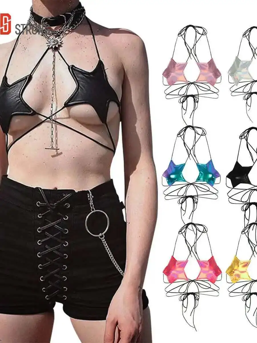 Damski metaliczny biustonosz z gwiazdą, top typu halter, sznurowany bralet, topy do tańca, zestaw z gwiazdkową spódniczką na ramiączkach, uroczy, elegancki, piękny, seksowny Z9TM