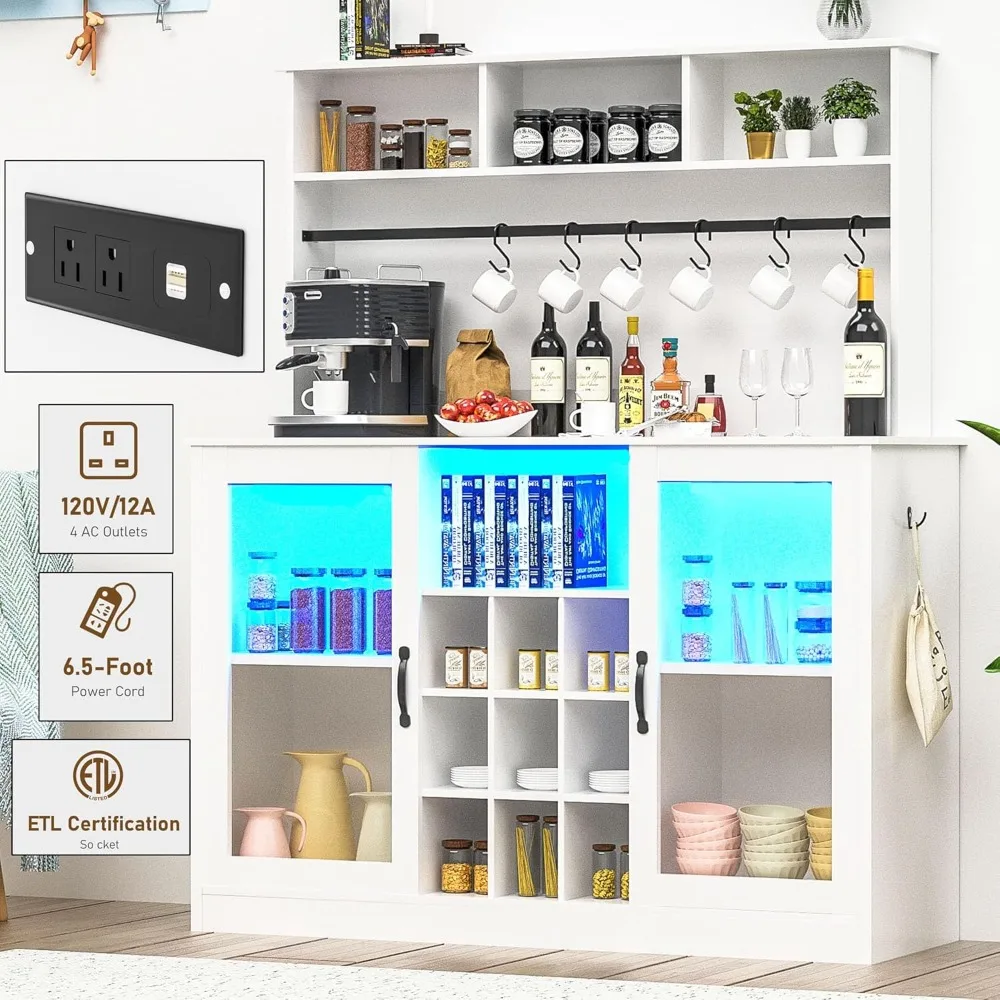 LED Coffee Bar w/60000-color Lights,6FT Power Outlet,7 Hooks,9Wink Racks,Adjustable Shelf for Tea Liquor Wine.Bar  Cabinet