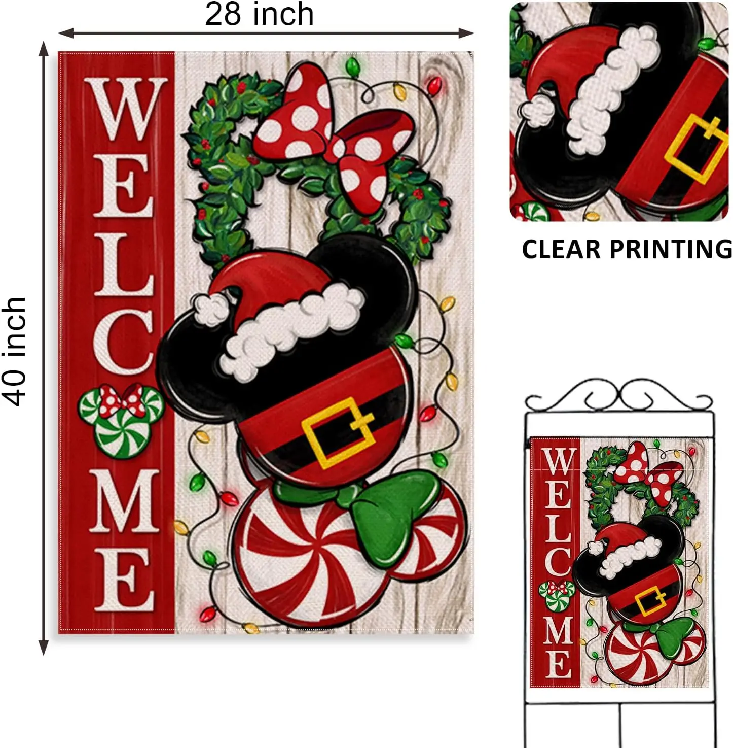 Welcome Christmas Mouse Santa Decorative House Flag, Xmas Peppermint Candy Wreath Ornament Garden Yard Outside Decorations, Wint