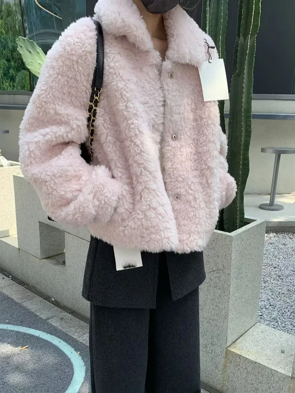 Korean Style Stand Collar Single Button Fur And Leather Integrated Women's Coat Autumn Winter New Fashion Environmental Prote...