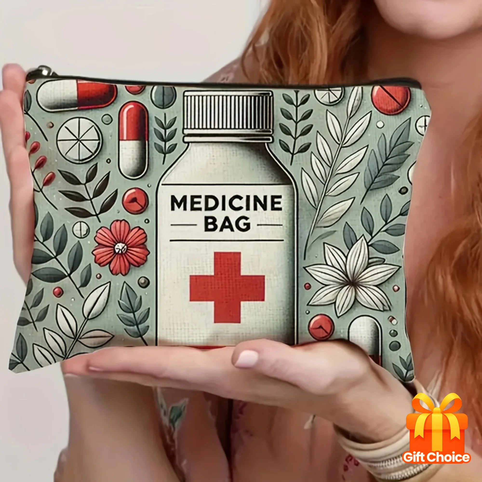 

Medicine Themed Floral Cosmetic Bag with Zipper Closure Foldable Travel Toiletry Organizer Beige with Red Cross Pill Design