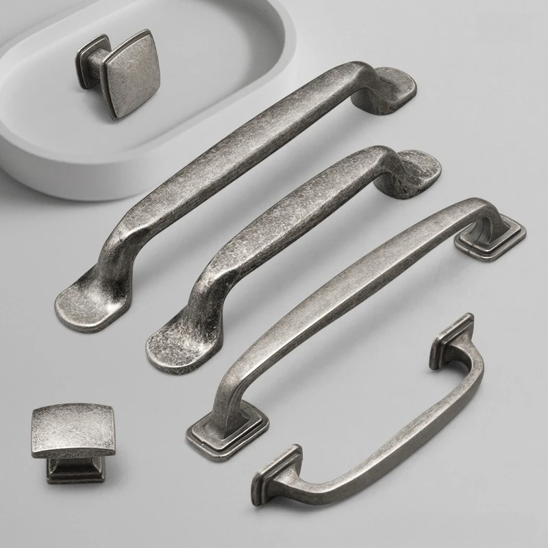 American Vintage Wardrobe Pulls – Antique Silver Cabinet & Drawer Handles, Distressed Kitchen Cupboard Knobs, Furniture Hardwar