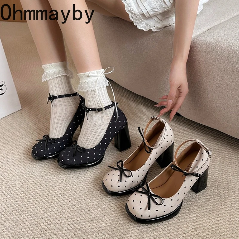 Damen Mary Jane Schuhe mit dickem Absatz und Polka Dots, elegante Knöchelriemen-Schuhe, Frühjahr 2026, elegante Damen-Pumps mit Schmetterlingsknoten