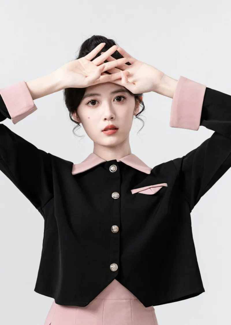 

Sweet Temperament Coat Pleated Skirt Two-piece Set Women Polo Neck Contrast Color Single Breasted Korean Gentle Slim Spring Suit