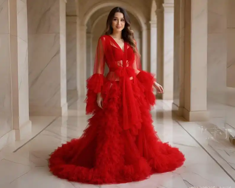 

Пышное платье для беременных с открытой передней частью и рюшами, элегантное платье макси с тюлевыми рукавами и подолом для фотосессии для детского душа, свадебный халат с иллюзией