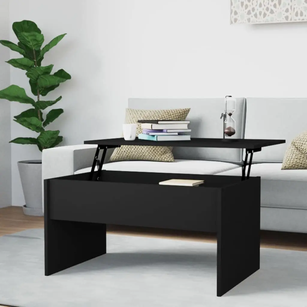 Black engineered wood coffee table in a modern living room setting