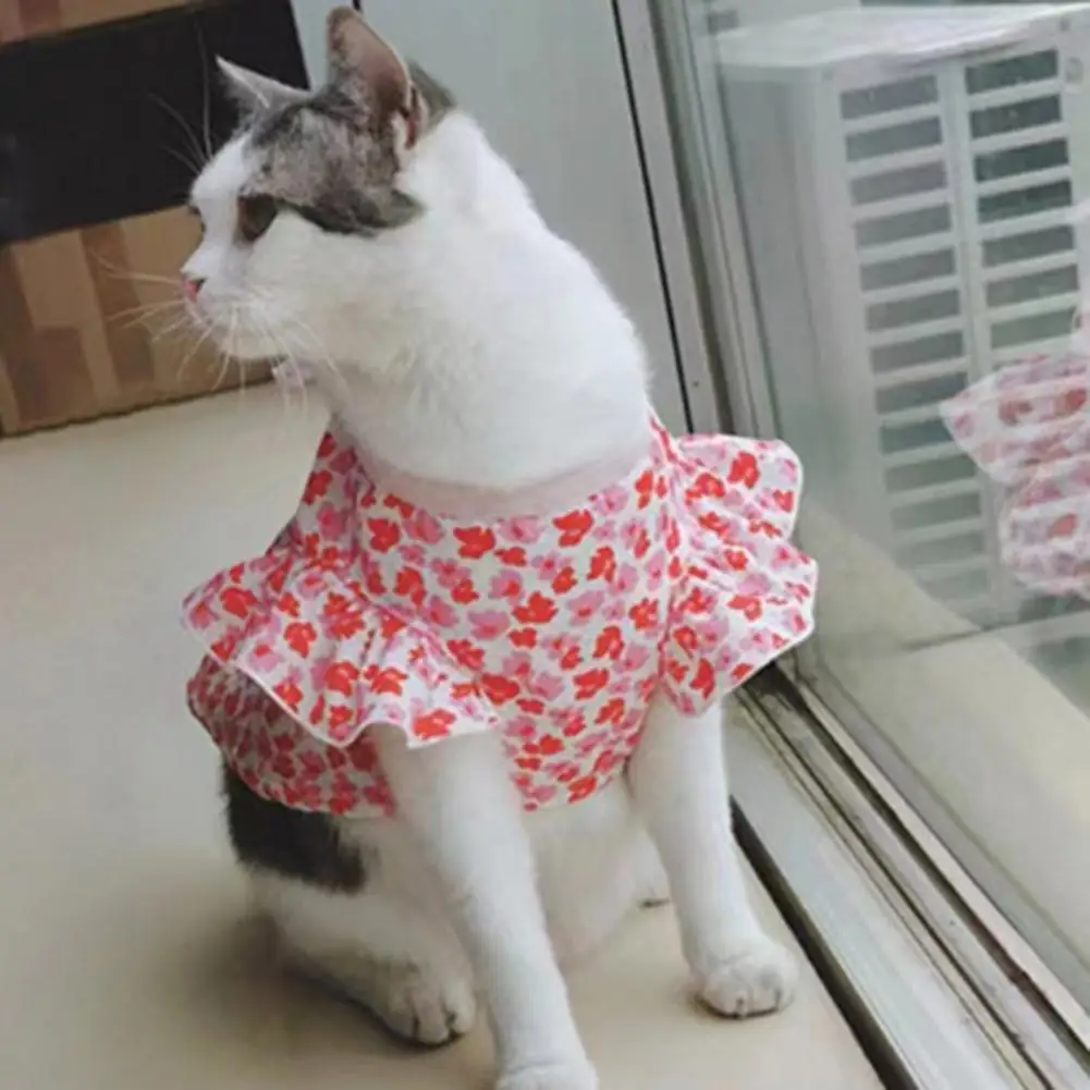 Summer Cat Dresses Flower Pattern Sleeves Kitten Puppy Skirt Friendly To Skin Non-Irritation Cotton Cats Dogs Dress For Daily