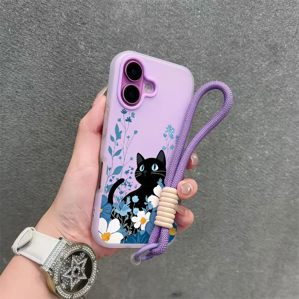 Cat Cute Floral Korean Phone Case For Samsung Galaxy S26 S25 S23 S22 S24 FE Ultra Plus A35 A34 A54 A37 Lanyard Wrist Strap Cover view 6