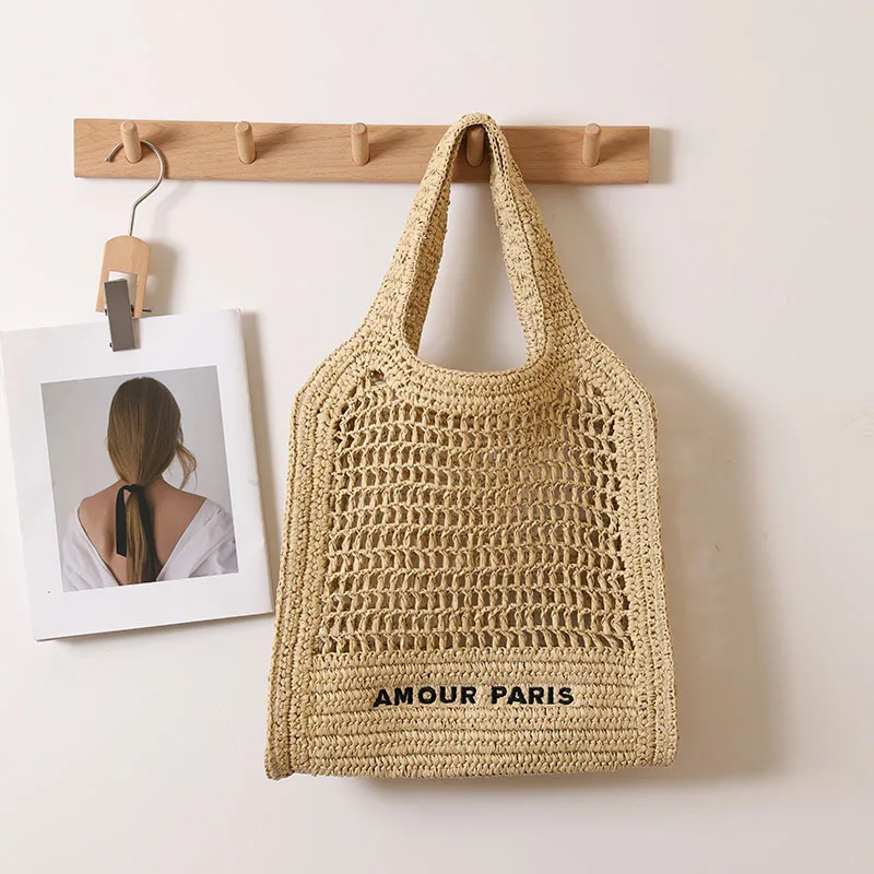 

Полая тканая большая сумка, вязаные крючком пляжные сумки ручной работы для женщин, сумка на плечо, соломенные сумки с вышивкой букв, сумки и кошельки для покупок