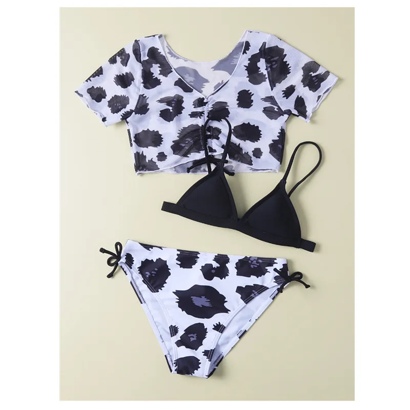 Girls 3pack Cow Print Bikini Sets with Short Sleeve Top Swimsuit Kids 7-12 Years Children's Swimwear 2024 Beach Bathing Suit