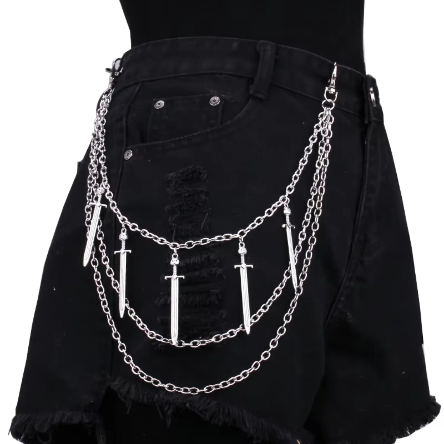 Punk Street Silver Color cross-sword true belt, waist chain, men women pants chain, multi-layer heap