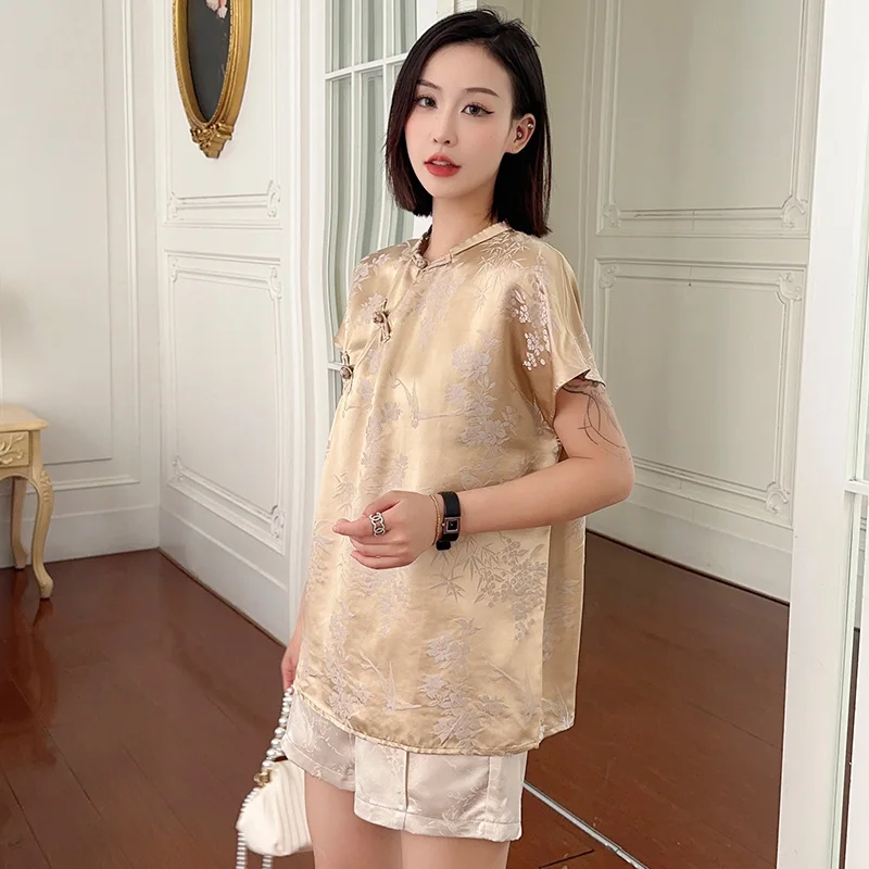 Vintage Artificial Silk Shirt Women\'s Short Sleeve Jacquard Buckle Top Chinese Style Blouse Summer Temperament Women\'s Clothing