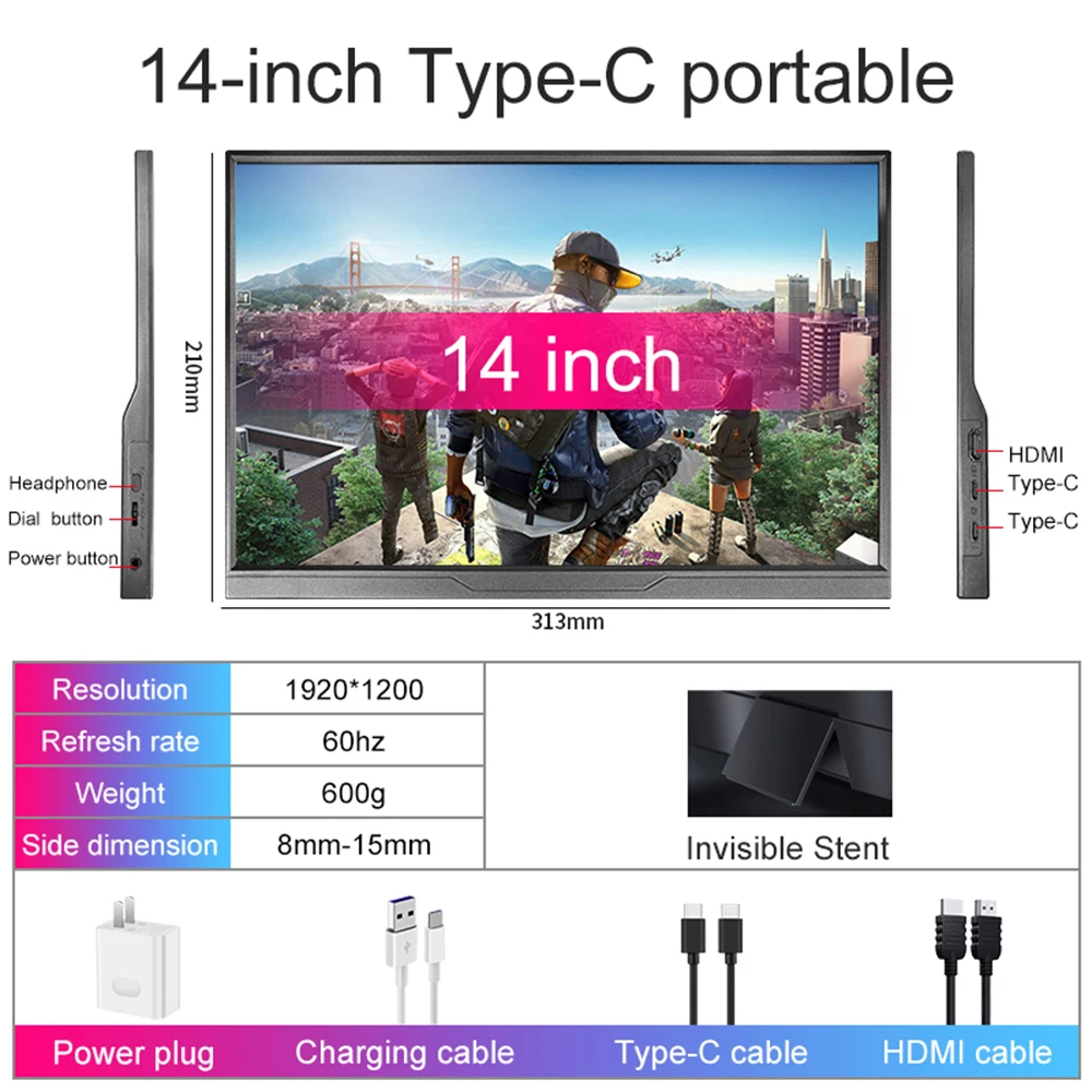 14 inch draagbare monitor Touch ultradunne 1200P IPS USB-C HDMI externe tweede scherm voor laptop PC mobiele telefoon schakelaar PS4/5 Xbox