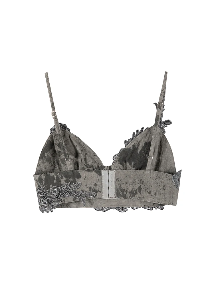 Cariedo Retro Artistic Wasteland Gray Tie-Dye Suit Splicing Exquisite Water-Soluble Lace Bra